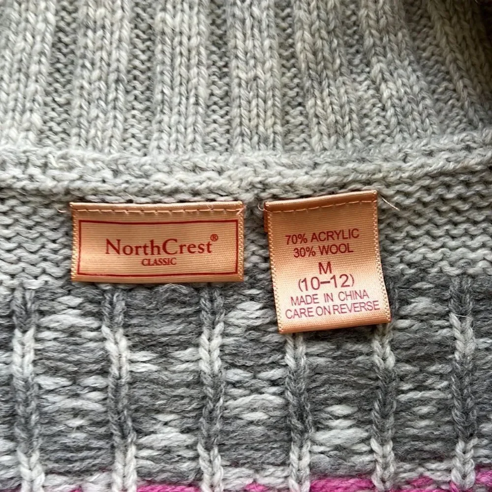 Northcrest Classic *Shawl Collar* Gray & Pink Wool Blend Sweater Sz M EUC